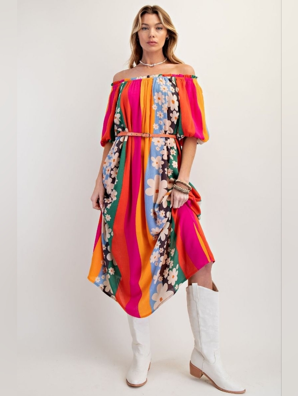 1-0418 EASEL 70s Rainbow Retro Flower Child  Maxi Dress *Boutique*